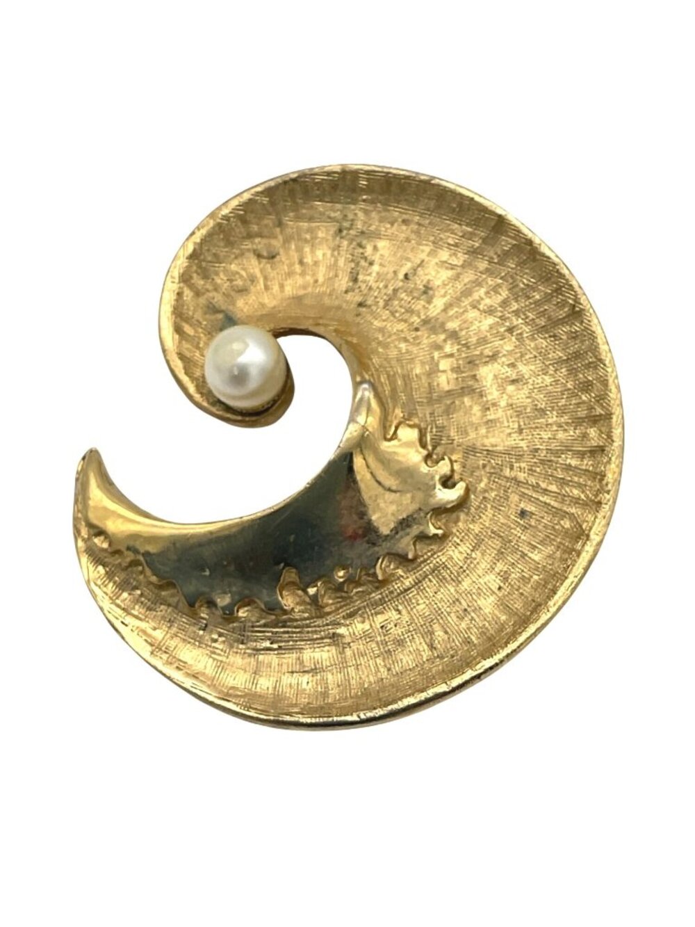 MCM Vintage Brushed Gold Tone Swirl Brooch Imitation Pearl Accent C Safety Clasp
